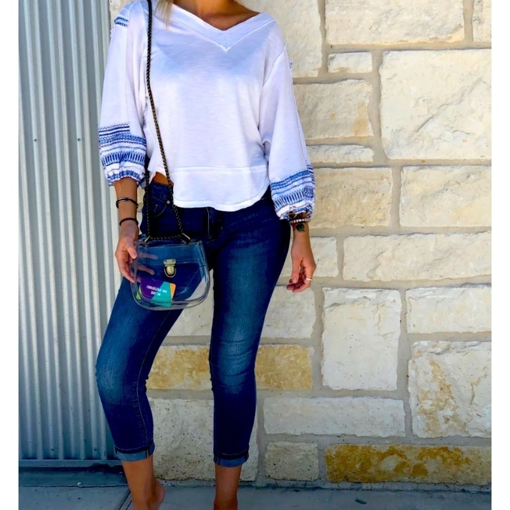 We the free embroidered bubble tee casual spring classic blue $78 free people